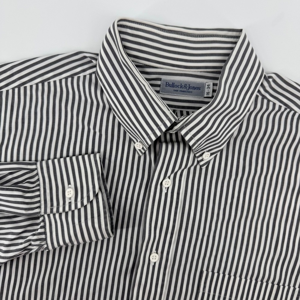 Bullock & Jones Dress Shirt Mens 16-34 Grey White Striped 2 Ply 80s Cotton